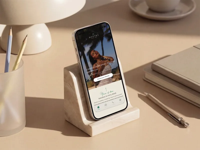 MANTRA Choker iOS jewellery app shown on a display stand, a project from the studio led by Vii Studio co-founders Vidzhai Hukasian and Viru Gukasian