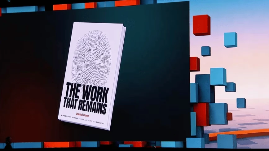 Book cover for The Work That Remains by Daniel Dines, a fingerprint made of maze lines above bold black title text, shown on a stage screen